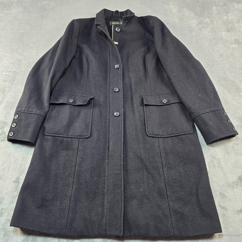 Eddie‎ Bauer Coat Womens XL Charcoal Gray Wool Blend Button Front Classic Long